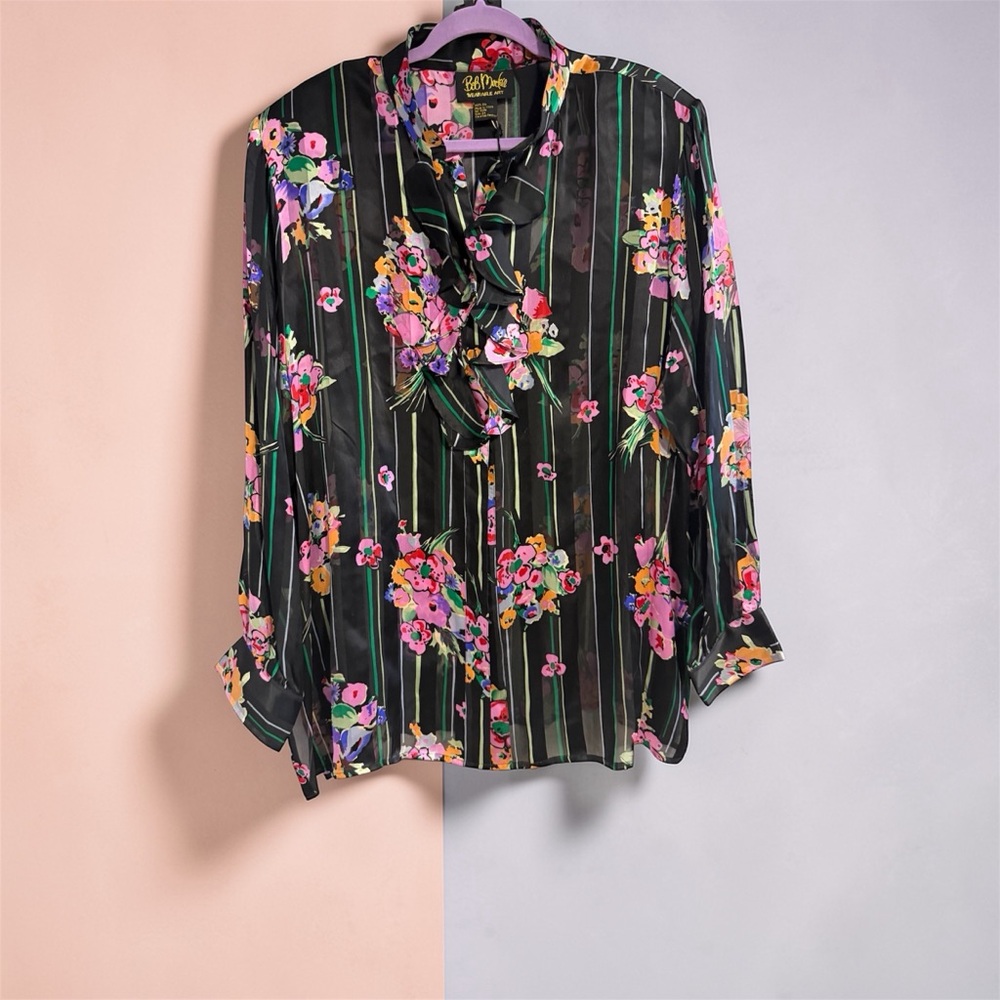 Bob Mackie Black Floral Ruffle Tie-Neck Blouse with Pink & Purple Accents